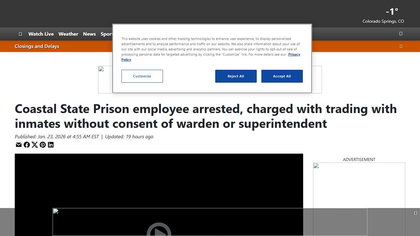 Coastal State Prison employee arrested, charged with trading with inmates without consent of warden or superintendent